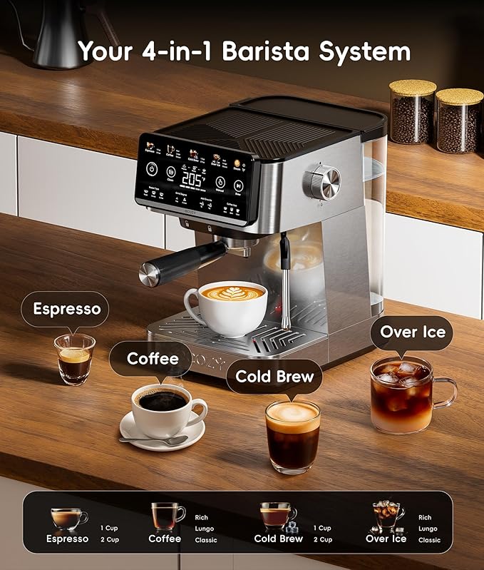 ecozy 4-in-1 Espresso Machine and Coffee Maker Combo with Milk Frother, All in One with Cold Brew & Over Ice, Interactive Touch Screen, Brezzano Elite Series for Cappuccinos, Lattes, Americanos