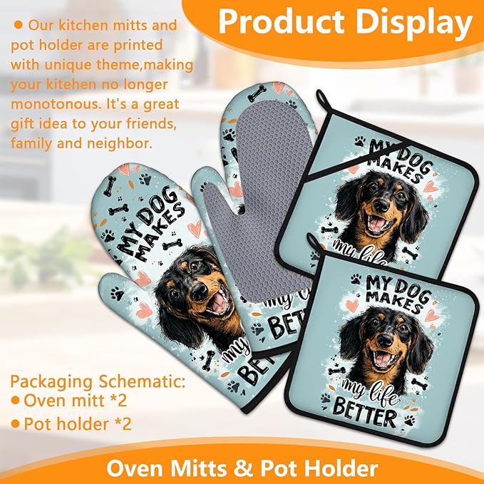 Life is Better with Dogs Oven Mitts and Pot Holders Sets 4Pcs Silicone Non-Slip Mitts Heat Resistant Gloves Hot Pads for Kitchen Cooking Baking Grilling BBQ