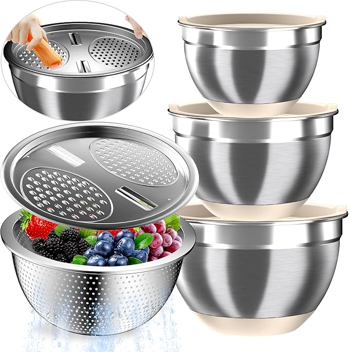Nicdiet Mixing Bowls with Airtight Lids, Stainless Steel Mixing Bowl Set with 3 Metal Nesting Bowls, Colander & Grater, Non-Slip Bottoms, Size 1.5, 2.5, 5 QT, Great for Mixing & Serving, Khaki