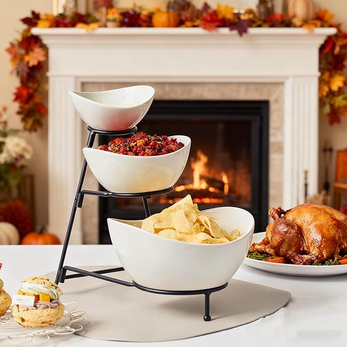 Gomakren 3 Tiered Oval Serving Bowl With Collapsible Metal Rack, Chip and Dip Serving Set, Dessert Appetizer, Candy, Fruit, Vegetable Bowl Set, Serving Bowls For Entertaining (Black Stand)