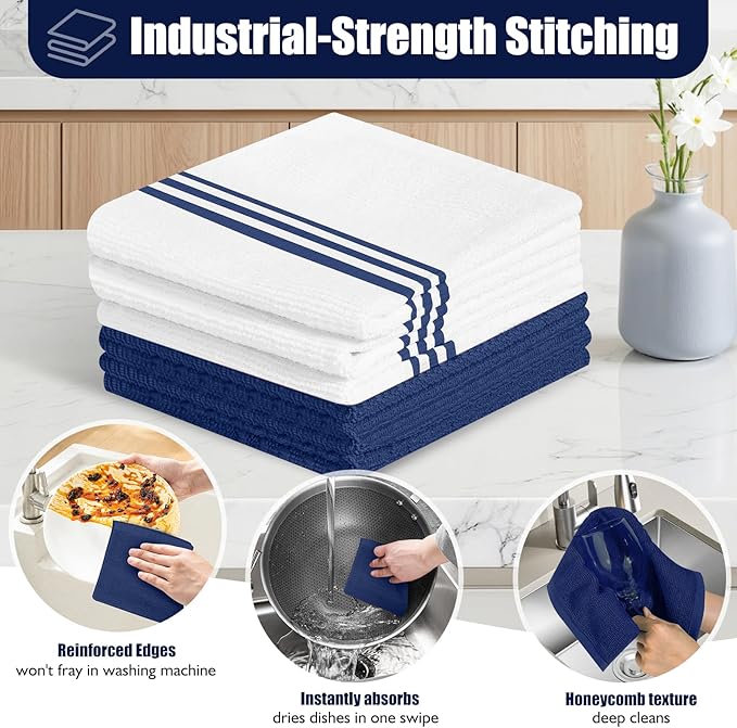 Oven Mitts and Pot Holder Sets with Silicone Grip, 500°F Heat Resistant-6 Pack Dishcloth/Dish Towels for Kitchen 100% Cotton-Value Kitchen Essentials for Cooking, Baking, Grilling-Marine Blue