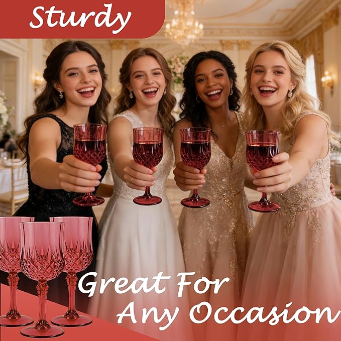Plastic Wine Glasses, Plastic Goblets Vintage Style Cordial Unbreakable Drinking Glasses, Reusable Drinkware for Wedding Reception, Grand Event Party Supplies, Mother's Day (48, Burgundy)