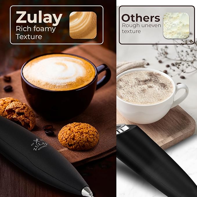 Zulay Kitchen Patented Tornado Triple Whisk Milk Frother with 4 Duracell Batteries – Handheld Foam Maker for Coffee, Lattes, Matcha & Hot Chocolate – Rich, Creamy Froth in Seconds - Obsidian Black