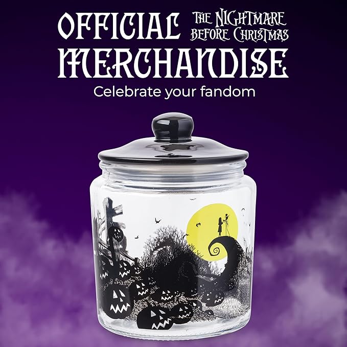 Silver Buffalo Disney Tim Burton Nightmare Before Christmas Moon Hill Graveyard Scene Jack Skellington and Sally Glass Cookie Snack Candy Jar with Lid (Small)