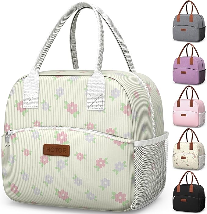 HOTOR Lunch Bag for Women & Men - Wear-Resistant Insulated Lunch Box with Large Capacity, Multi-Functional Cooler Bag for Office, Picnic, Beige with Colorful Floral, 10L,10.60" x 5.90" x 9.50"