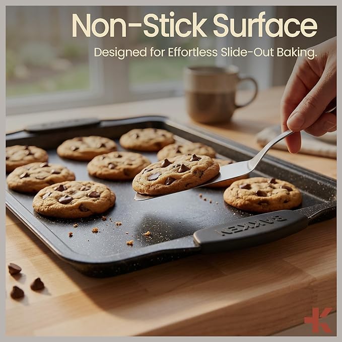 BAKKEN 8-Piece Kitchen Oven Baking Pans Set - Deluxe Nonstick Gray Marble Coating, Professional Grade Carbon Steel Bakeware with Silicone Handles - Oven, Dishwasher, and Freezer Safe
