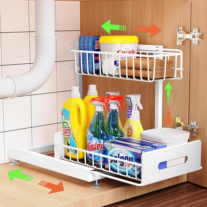 Dataroad Under Sink Organizers And Storage Pull Out Cabinet Organizer 2 Tier Sliding Out Drawer,Under Kitchen Sink Organizer Shelf,Adjustable Counter Organization for Kitchen Pantry Cabinet,White