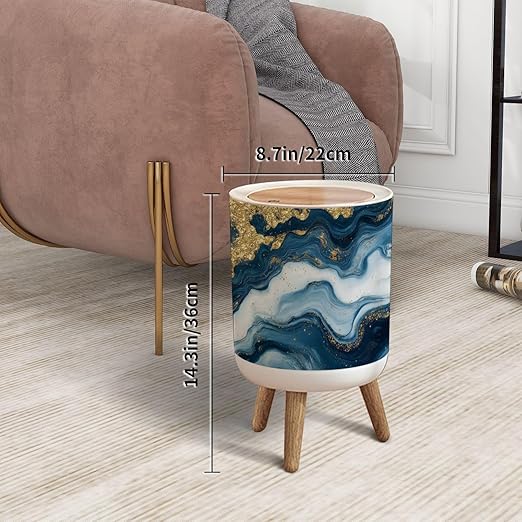 Trash Can with Lid Natural luxury Ancient oriental drawing technique Style incorporates Press Top Round Small Garbage Bin with Wooden Legs Waste Basket for Kitchen Bedroom Nursery 7L/1.8 Gallon
