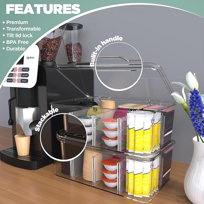 Utopia Home - Tea Bag Organizer With Lids, (1 Pack) Clear Pantry Storage Box - Stackable Partition Organizers or Holder With Lids For Drawers, Countertops, Fridge, Kitchen, Snack & Spice Organization