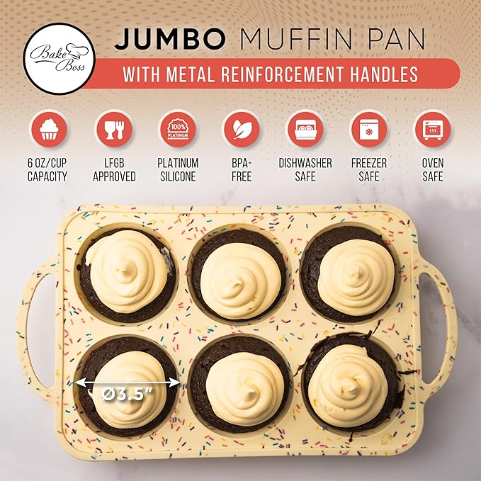 BAKE BOSS Confetti Silicone Jumbo Muffin Pan 6 Cup–Non-Stick Cupcake Pans for Baking, Heavy-Duty Large Silicone Muffin Pans for Baking, BPA-Free, Easy-Release, Oven & Dishwasher Safe
