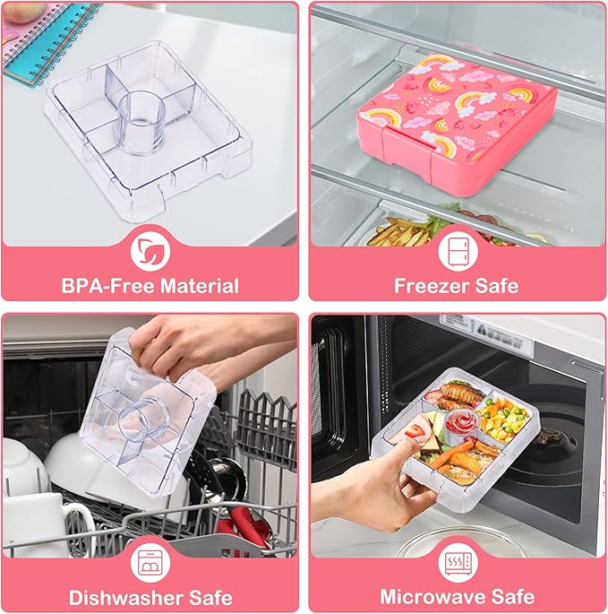 Pawtong Bento Lunch Box Set With 10oz Soup Thermo, Leak-proof Lunch Containers with 4 Compartment, Kids Hot Thermo Food Jar/Insulation Lunch Bag, Food Containers for School（Rainbow）