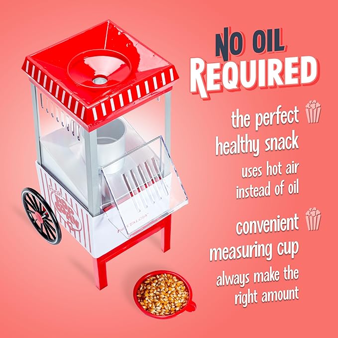 Nostalgia Vintage Hot-Air Popcorn Maker Machine - Makes Up to 12 Cups - Oil-Free - Healthier Popcorn - Classic Stand-Up Cart With Wheels - Includes Kernel Measuring Cup - White & Red
