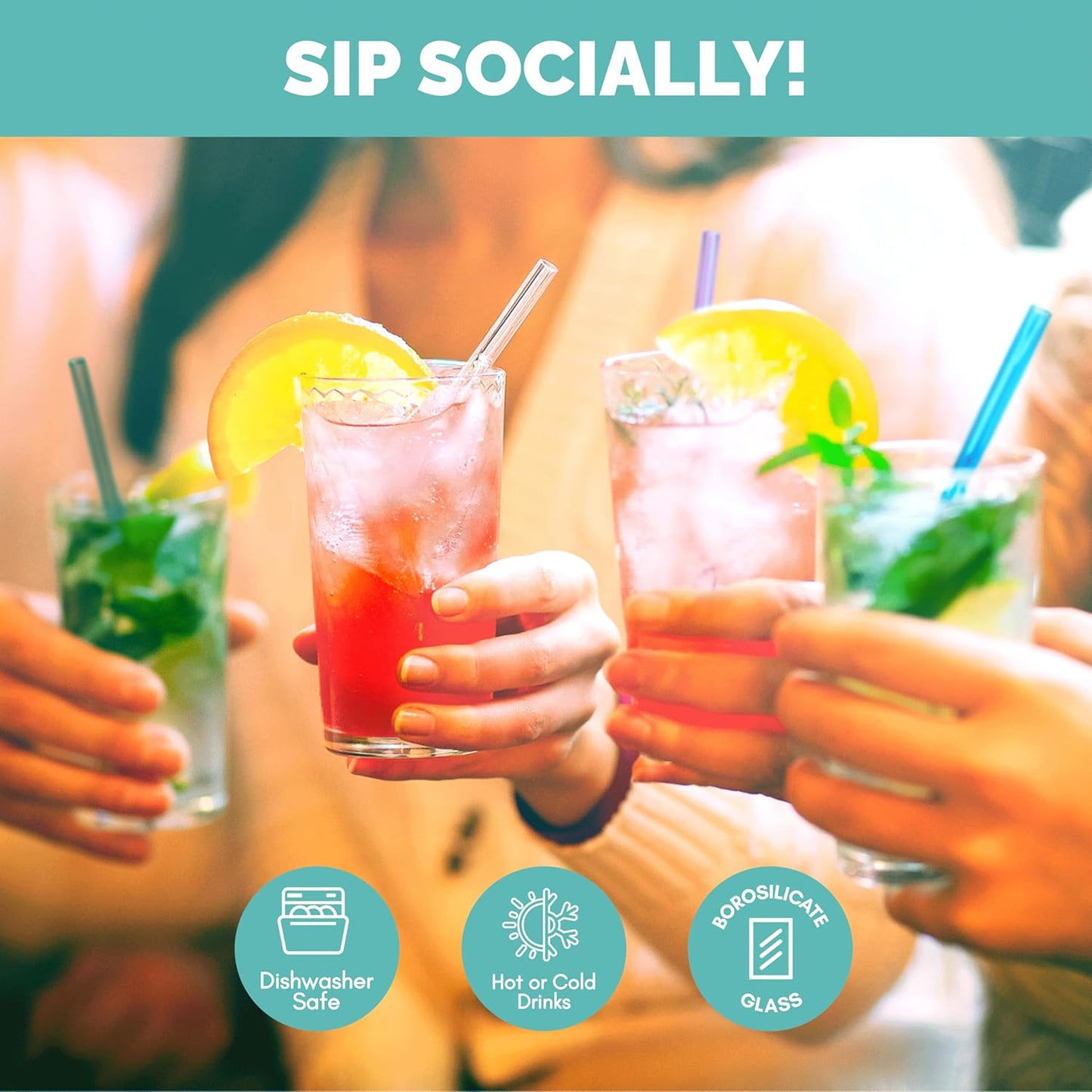 Simply Straws 6 Inch Skinny Glass Straws (6-Pack) - Reusable Cocktail Straws for Mixed Drinks, Low Balls, Coffee & Tea, with Cleaning Brush – Dishwasher Safe, Hot & Cold Use, BPA-Free (Sea Glass)
