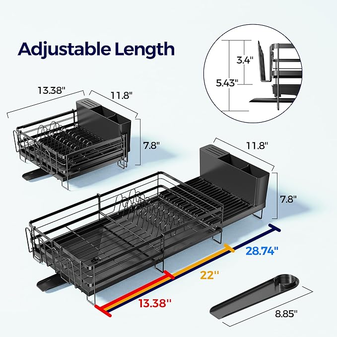 Large Dish Drying Rack, Expandable Dish Rack for Kitchen Counter, Dish Drainer with Drainboard Set, Multifunctional Dishrack with Utensil & Cup Holder, 13.4"-28.7" L x 11.8" W x 7.8" H, Black