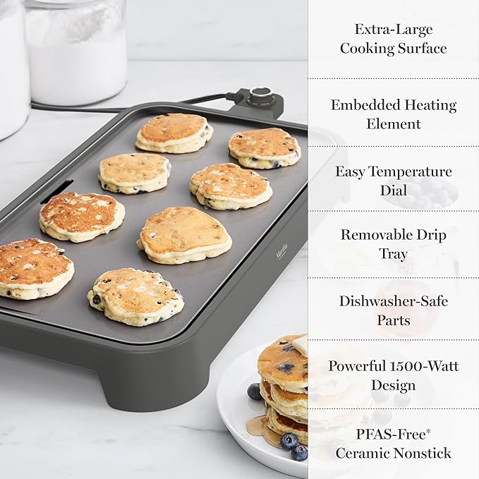 Martha Stewart 12” x 22” Electric Griddle, XL Ceramic Nonstick Flat Top Cooking Surface, Adjustable Temperature Dial, Drip Tray, Dishwasher Safe, 1500W Fast Even Heating, Pancakes & Eggs, Caviar Gray