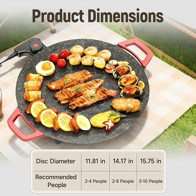 Non-Stick Electric Indoor Grill Pan, Large Round Electric Griddle & Smokeless Korean BBQ Grill Indoor - fast heating, portable, for burgers, pancakes & stovetop use (Large)