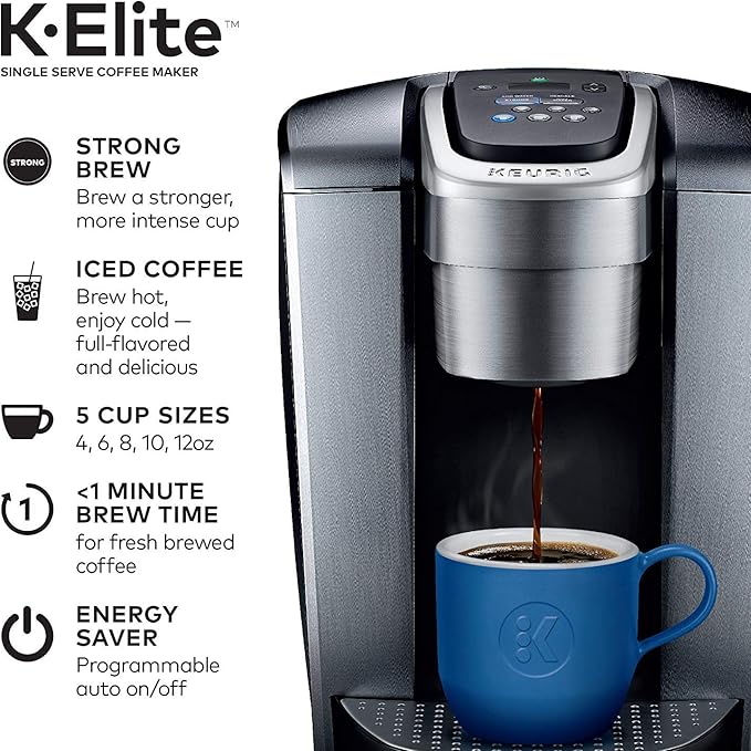 Keurig C K-Elite Maker, Single Serve K-Cup Pod Brewer, with Iced Coffee Capability, Extra Included, 75oz, Brushed Silver Plus Filter Bundle