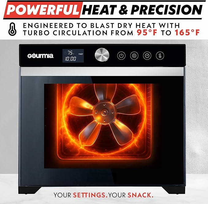 Gourmia Digital Food Dehydrator – 6 Stainless Steel Trays, 360° Airflow, One-Touch Presets, Adjustable Temp 95–165°F, Timer, Glass Door, Quiet Operation, 600W – Healthy Snacks, Jerky, Fruits & More