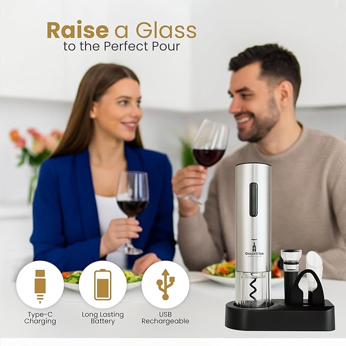 GrapeVibeEssentials 5-in-1 Electric Wine Opener gift Set – Rechargeable Automatic Wine Bottle Opener with Charging Base, Foil Cutter, Aerator Pourer & Vacuum Stoppers