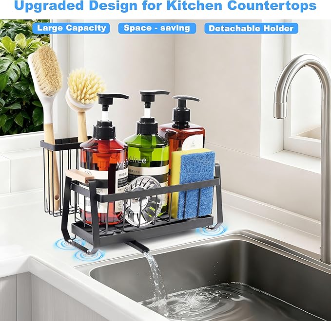 Sponge Holder for Kitchen Sink Organizer, Stainless Steel Sink Caddy Suction Cup with Dish Brush Holder, Rustproof Drying Rack, Sponge Caddy and Dish Soap Organizer for Kitchen Countertop