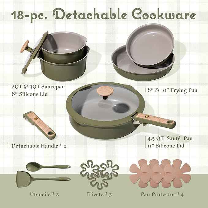 CAROTE 18 Pcs Ceramic Cookware Set Detachable Handle, Non Toxic Pots and Pans Set Non Stick, Induction Kitchen Cookware Removable Handles, Oven Safe, Stackable RV/Camping Cooking Set, Green