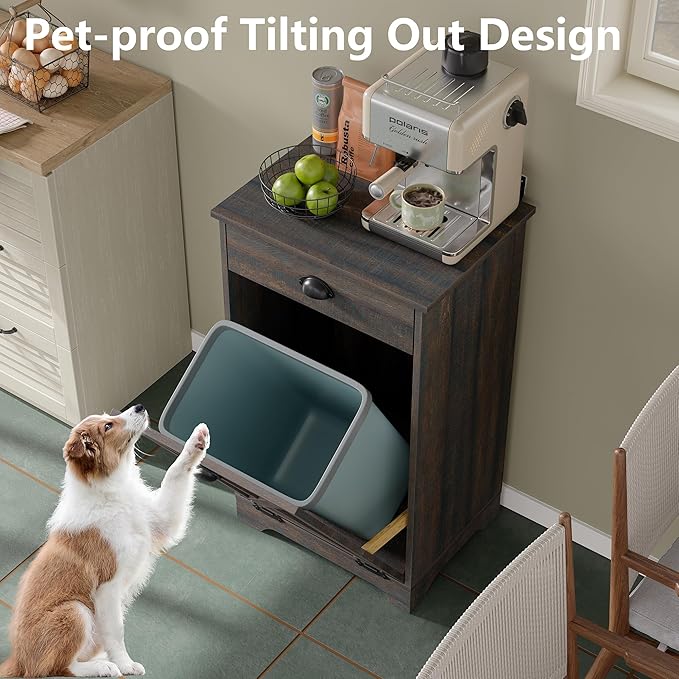 Furniouse Single Tilt Out Trash Can Cabinet with Drawer, 10 Gallon Wood Garbage Cabinet for Kitchen, Dark Brown