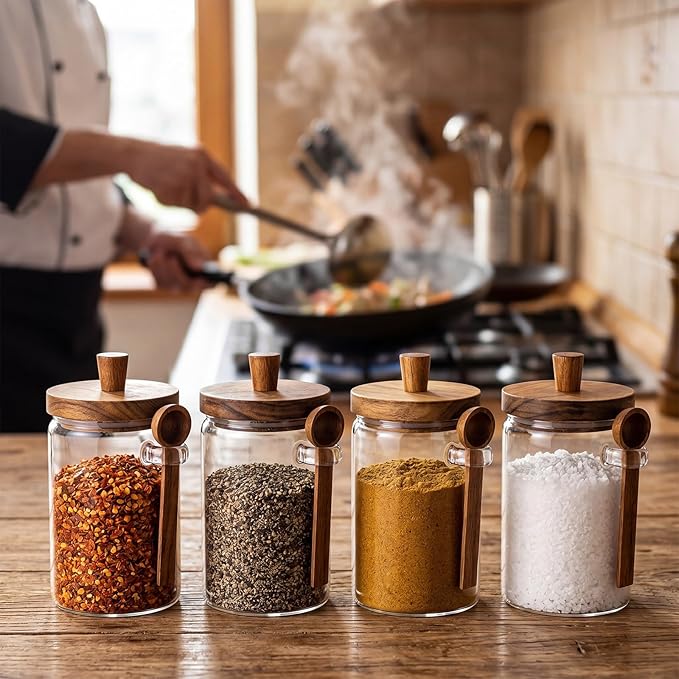 Remerry Set of 4 Glass Jar with Wooden Lid and Spoon, Clear Airtight Spice Canisters Glass Food Storage Kitchen Containers Set for Coffee Bean Tea Sugar (30 oz)