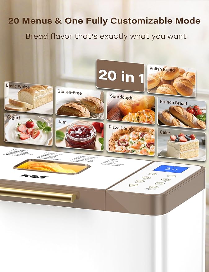 KBS 20-IN-1 Bread Maker with Custom Program, 650W Bread Machine with Nonstick Ceramic Pan & Stainless Steel Paddle, 2LB Bread Maker Machine, Polish Bread, Gluten-Free, Touch Panel, 15H Timer, 3 Colors