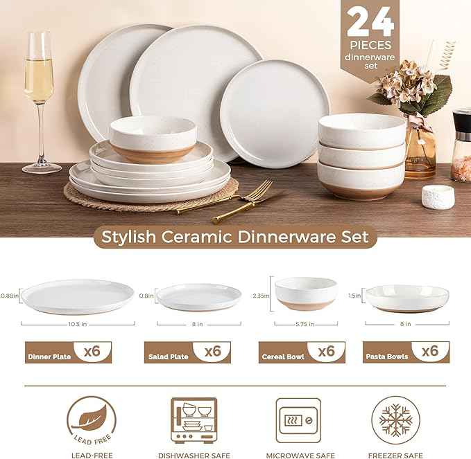 AmorArc Ceramic Dinnerware Sets with Pasta Bowls for 6, Handpainted Plates and Bowls Set with Rustic Terracotta Underside, Scratch Resistant Dishes Set, Dishwasher & Microwave Safe, 24 Pcs