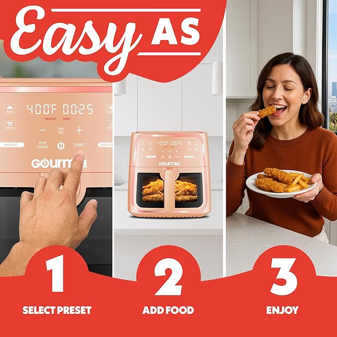Gourmia 8 Qt Air Fryer, 8 Presets with Digital Display, FryForce 360° Technology, Easy View Window & Interior Light, Dishwasher Safe Basket, Peach