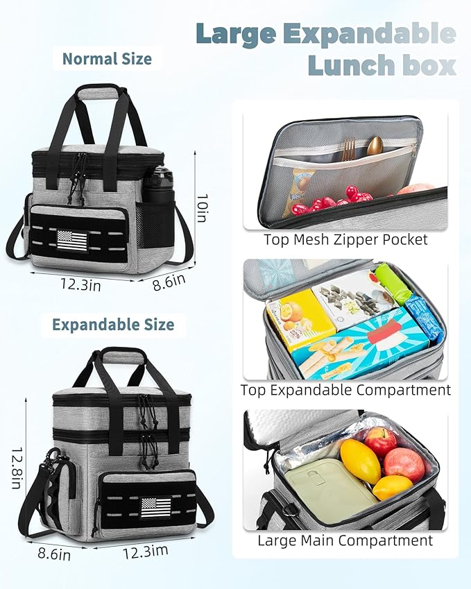 holuxer Tactical Lunch Bag & Lunch Box for Men - Large Double Deck Expandable Insulated Soft Adult Lunchbox for Work - Cooler Bag for Beach, Picnic, Camping,Outdoor，Travel (Gray,16L)