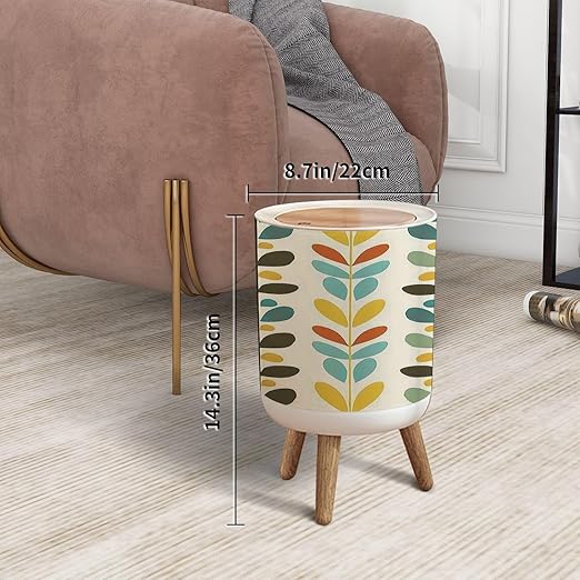 Trash Can with Lid Midcentury geometric retro Vintage brown mustard yellow teal colors Press Top Round Small Garbage Bin with Wooden Legs Waste Basket for Kitchen Bedroom Nursery 7L/1.8 Gallon