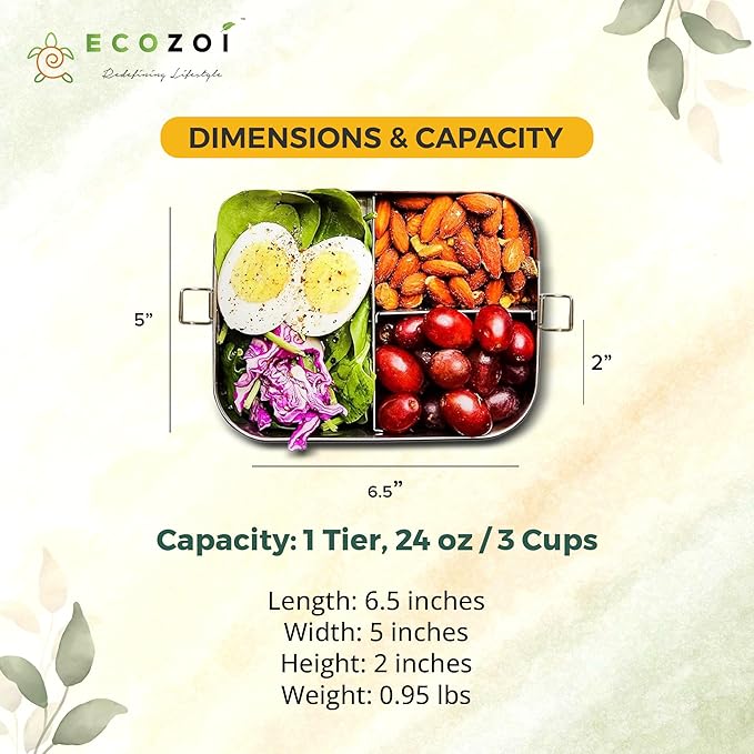 ecozoi Stainless Steel Lunch Box, 1-Tier Metal Bento Box Leak Proof with 5 Compartments, 50 Oz Metal Lunch Container, Meal Prep Food Container, with 50 ml Sauce Container