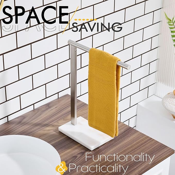 KOKOSIRI Hand Towel Holder Standing Towel Rack with Steady Marble Base for Bathroom Vanity Countertop, Brushed Stainless Steel 15.7'' Height THS0006-BR