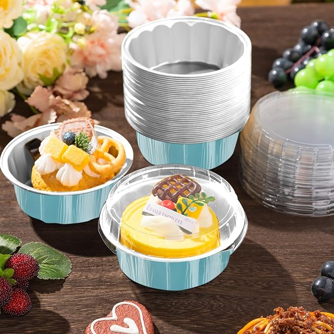 Tessco for you 100 Pcs Disposable Ramekins with Lids 8 oz Creme Brulee Ramekin Aluminum Foil Cup Cupcake Liner Baking Valentines Disposable Muffin Tin Pan Cheesecake Container (Blue,Silver)