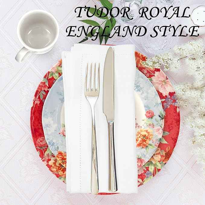Tudor Royal 24-Piece Porcelain Round Dinnerware Set, Service for 6, Crimson Design, Summer Floral, Plates Bowls Mugs Dishes, Glossy, Premium Quality Tableware