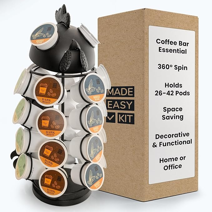 Made Easy Kit Carousel Coffee Pod Holder - Compatible with Keurig K-Pods K-Cups - Countertop 360 Spin Rack Storage Organizer - Revolving Base - Capsule Café Station Bar (Rooster Black, Small)