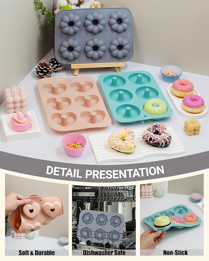 3 Pack Silicone Donut Pan for Baking, Non-Stick Doughnut Pan, 6 Cavity Heritage Bundtlette Cake Silicone Mold for Baking (Blue+Gray+Pink)