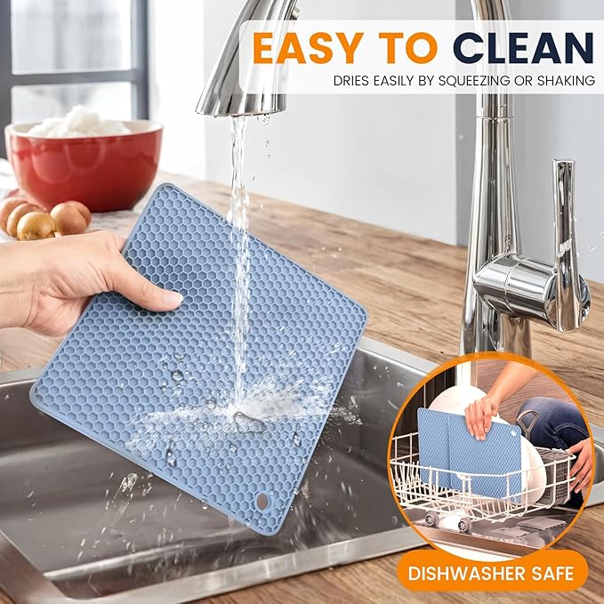 Silicone Trivet Mats 4 Heat Resistant Pot Holders Multipurpose Non-Slip Hot Pads for Kitchen Potholders, Drying mat, Jar Opener, Spoon Holder, Coaster.(Light Blue)