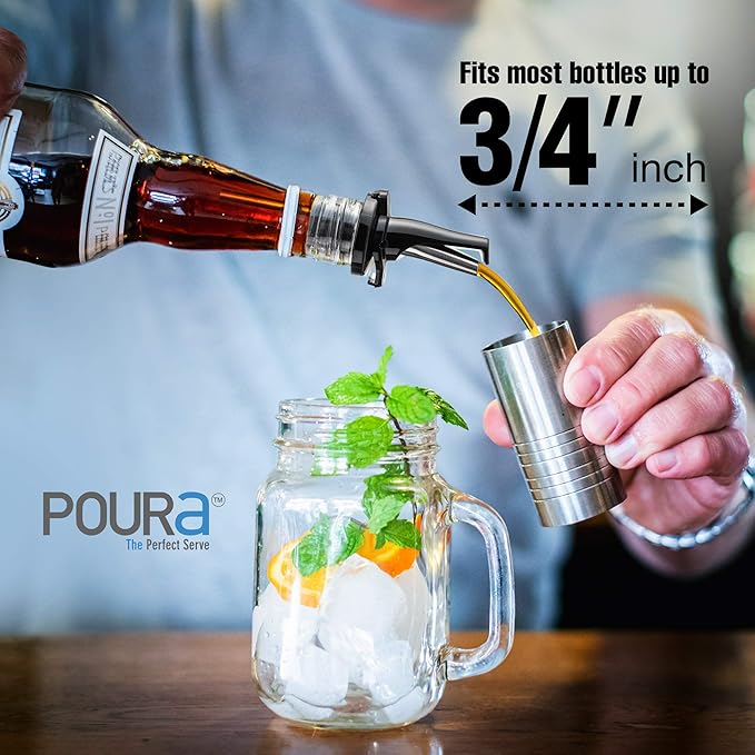 Poura 8 Liquor Pour Spouts (Black) with Built-in Caps for Optimal Fly & Dust Protection - Dishwasher Safe, Hygienic Spouts - with 6 Adapters for Large Neck Bottles