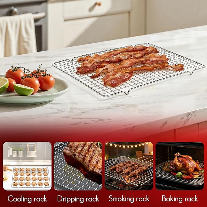 ShineMe Baking Sheet Pan with Cooling Rack 3 Pack, Nonstick Sheet Pan with Wire Rack and Silicone Pastry Brush, Carbon Steel Baking Pans for Cookie, Bacon and Vegetables 17x12x0.5in