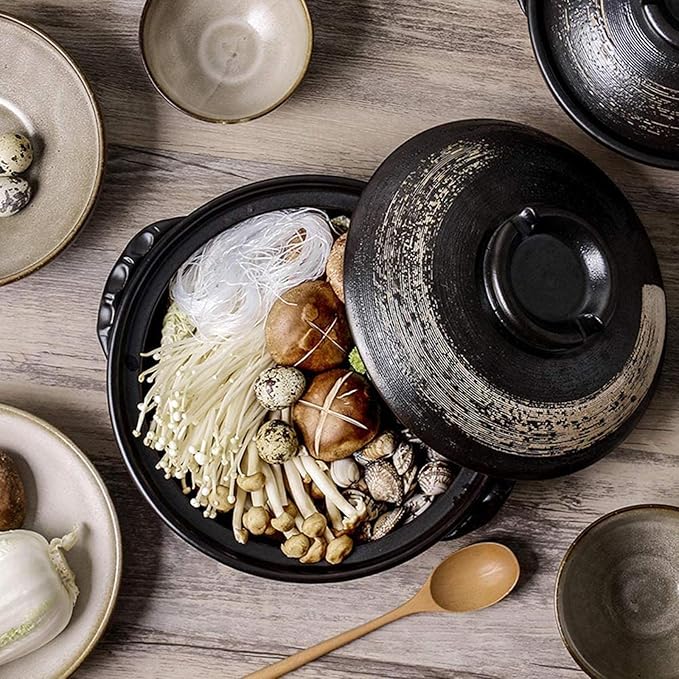 Round Casserole Dish Heat-Resistant Ceramic Casserole With Lid Soup Pot With Soup Pot Oil-Free Saucepan Japanese Donabe Hot Pot With Brushstroke Saucepan With Slow Stew W,B-1.7L