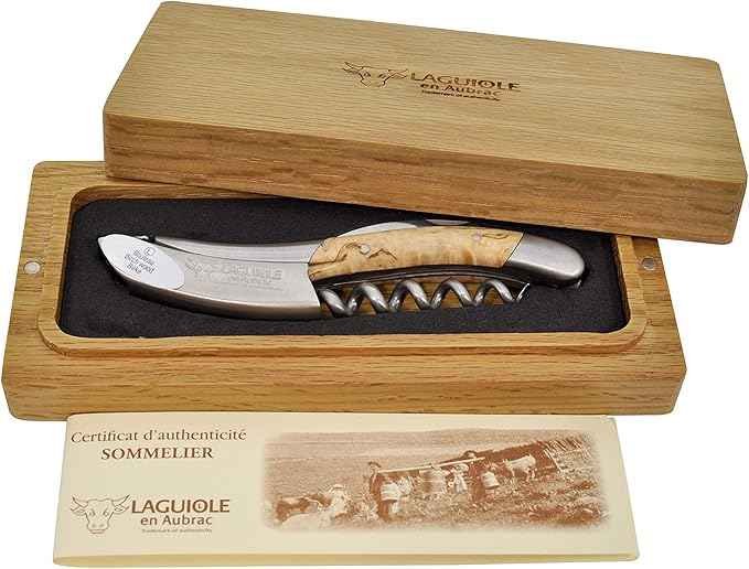 Laguiole En Aubrac Sommelier Waiter's Corkscrew, Birchwood Handle, Wine Opener With Foil Cutter & Bottle Opener, Brushed Bolster