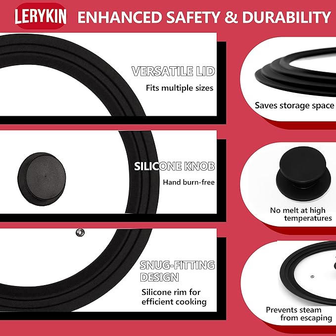 Lerykin Tempered Glass Lid - Universal Lid with Heat Resistant Silicone Rim for Pots, Pans and Skillets - Pan Cover Replacement Lid Fits 9.5", 10" and 11" Diameter Cookware