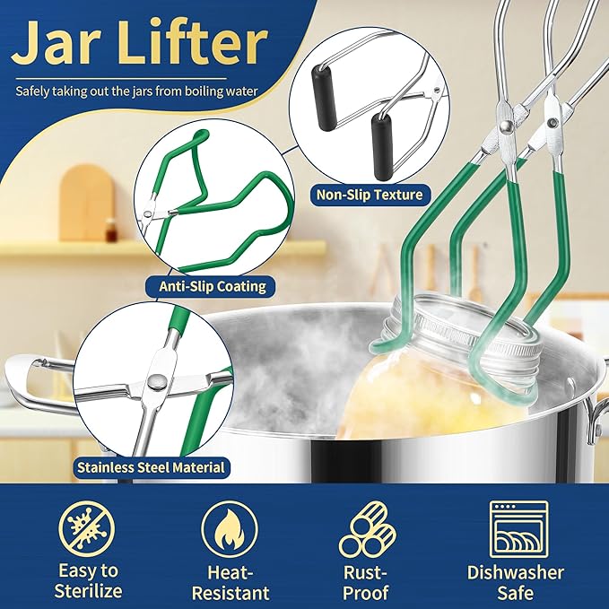 Canning Supplies Starter Kit,Canning Kit for Beginners of 9 with Jar Lifter，Wide Mouth Funnel,Wrench,Tongs,Lid Lifter,Bubble Popper,Canning Labels,ladle,Measuring Spoon-Deep Green