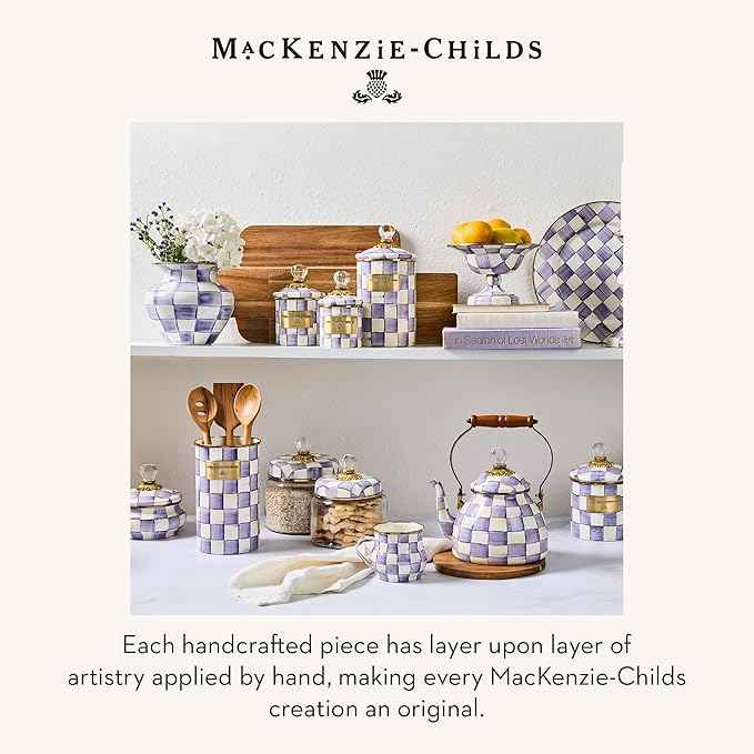 MACKENZIE-CHILDS Enamel Utensil Holder, Stylish Kitchen Countertop Organizer, Purple-and-White Violet Check