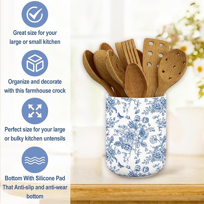 JarThenaAMCS Chinoiserie Floral Ceramic Utensil Holder Blue Flower Butterfly Utensil Crock for Home Kitchen Countertop Storage Organizer Container