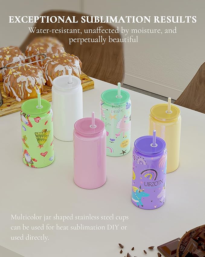 Glass Cups with Lids and Straws, 16oz Stainless Steels Cups, Beer Cups, Iced Coffee Cup, Smoothie Cup, Sublimation Tumbler, Cyan (Shiny Polished Finish, Sublimatable)