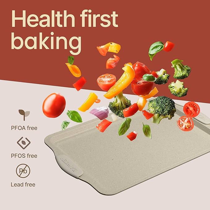 BAKKEN Kitchen Baking Pans - Medium (15.15 × 10.03") and Large (17.1 x 11.8") Nonstick Sheets, Carbon Steel Cookie Sheets with White Silicone Handle, PFOA, PFOS, PTFE Free, Oven Safe (450°F), Set of 2