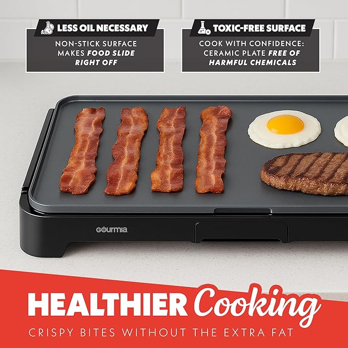 Gourmia 22 Inch XL Electric Griddle Pan - Nonstick Extra Large Flat Top Ceramic Surface, Countertop Cooker, Adjustable 200°F–400°F, Pull-Out Drip Tray, Compact Handle-Free Design